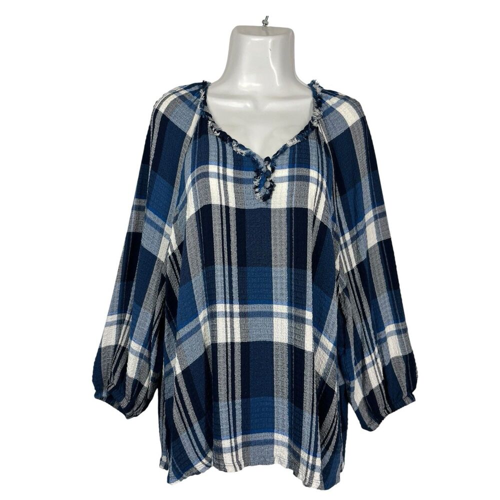 Westbound Womens Top Size Large Blue Plaid Frayed V-Neck Peasant Blouse Shirt